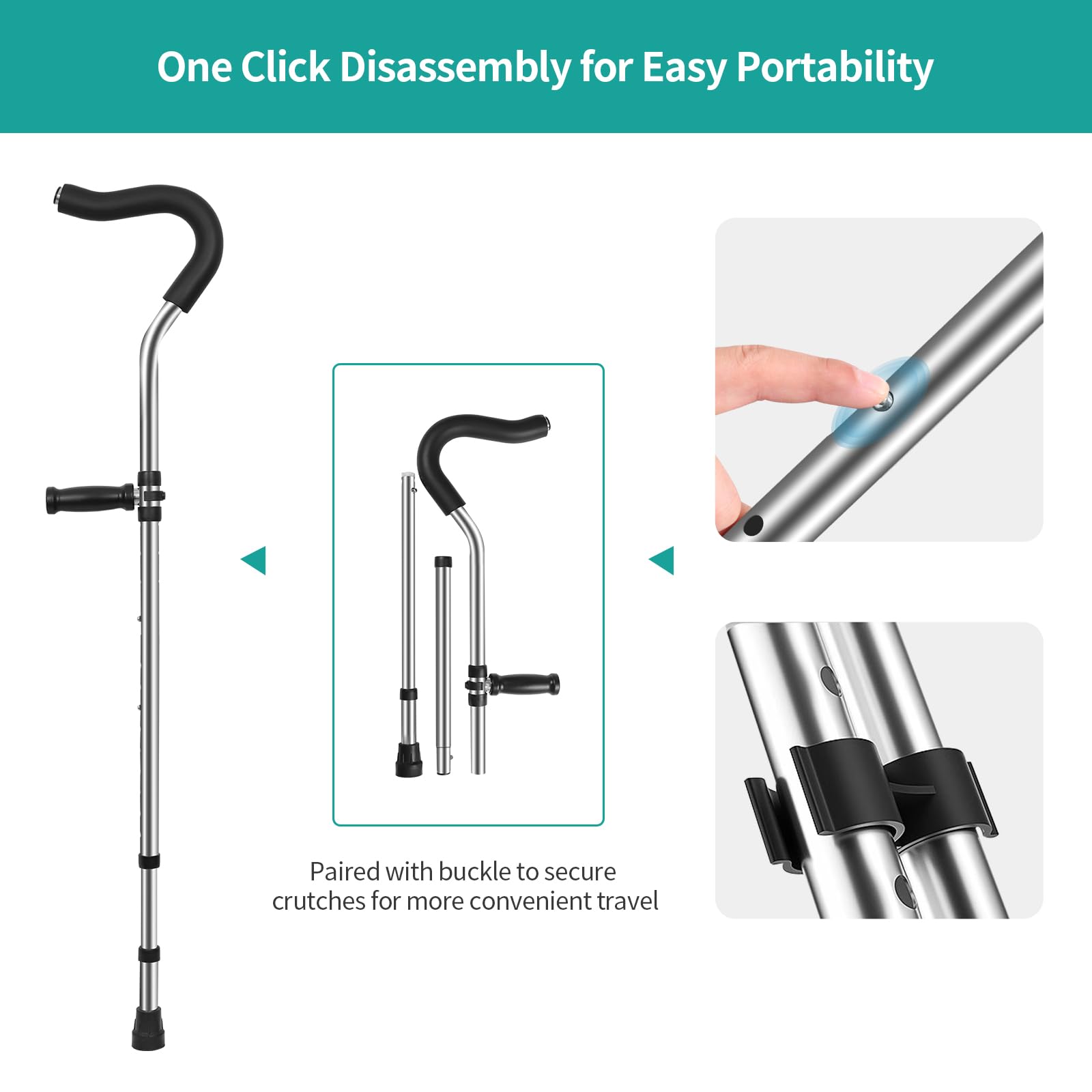 Muletas ergonómicas para axilas, portátiles con amortiguador de resorte, asas ajustables para caminar, soporta hasta 250 libras, diseño desmontable, 1 par