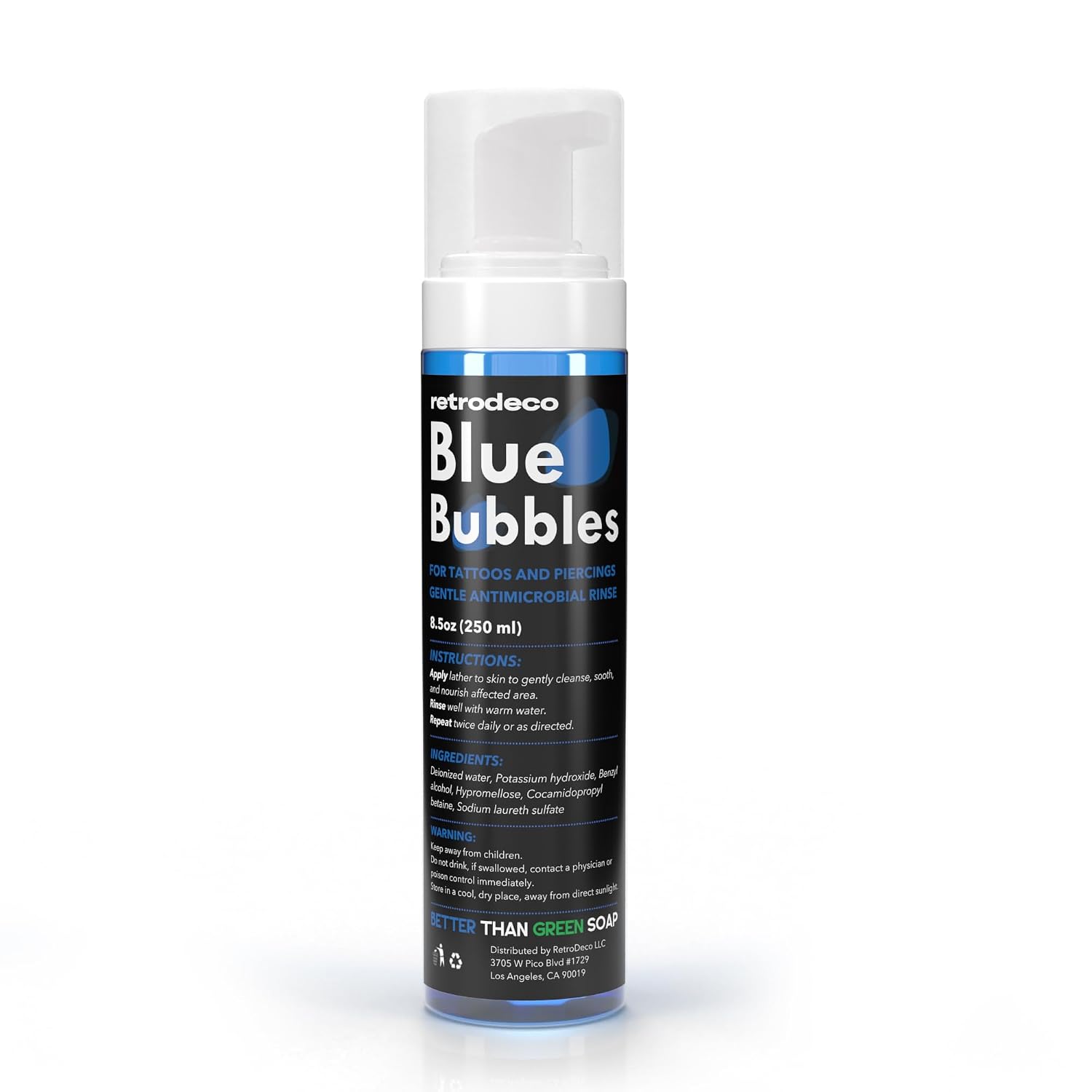 Blue Bubbles 8.5oz Foaming Aftercare Tattoo Soap to Heal, Cleanse, and Clean Skin & Piercings - Gentle, Moisturizing, & Vegan Formula (Blue Foam, 8.5 Fl Oz)