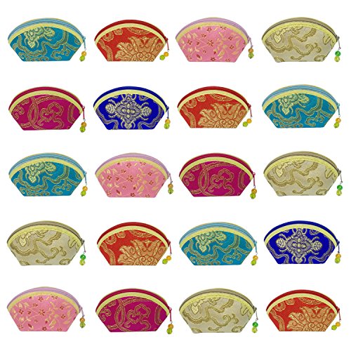 Gold Fortune 20 Pieces Jewelry Pouch - Silk Brocade Gift Bags with Zipper,Drawstring Closure for Coin,Ring,Earrings