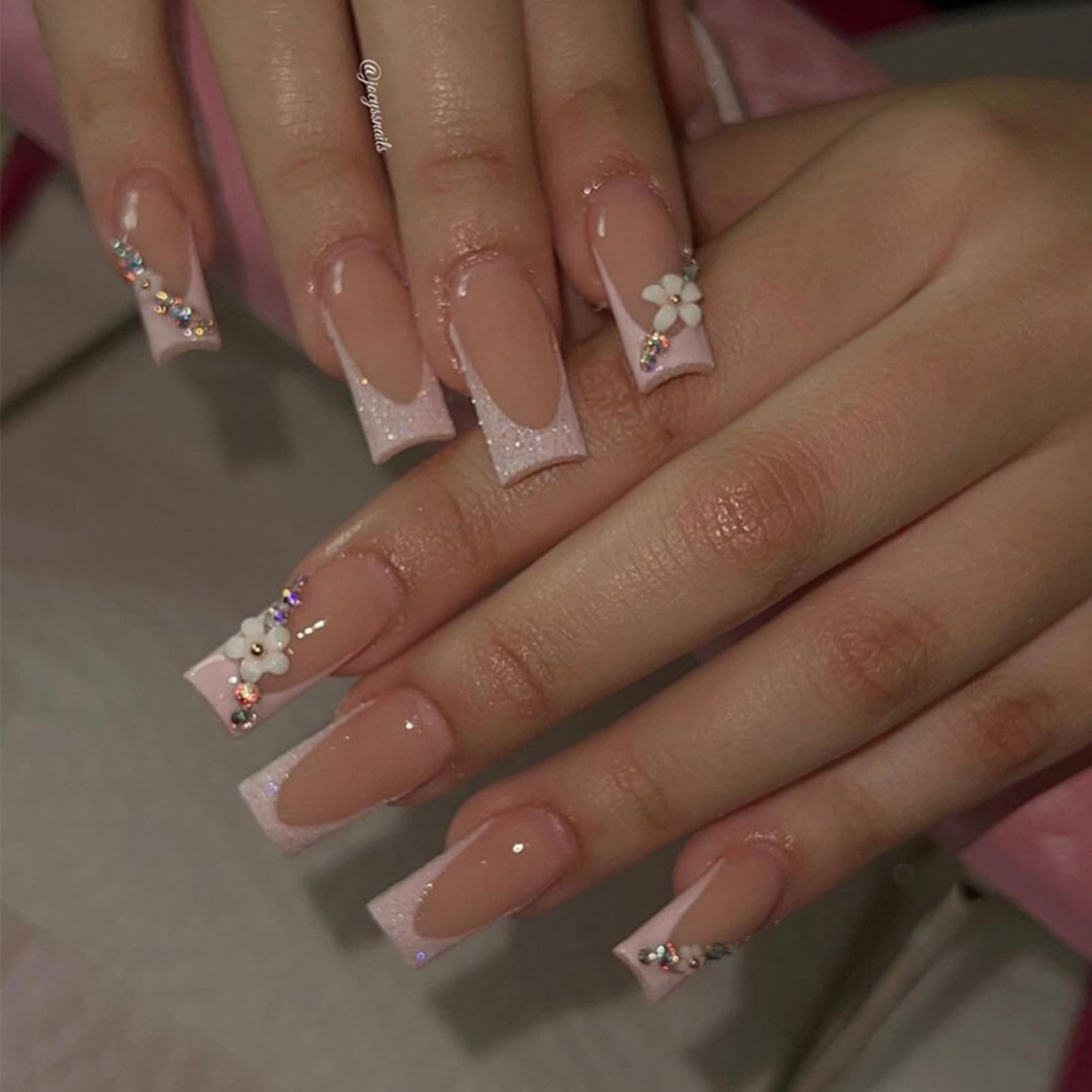 Nude Peach French Style Artificial Nail Tips with Glittery Pink Tips and Flower Rhinestone Accents