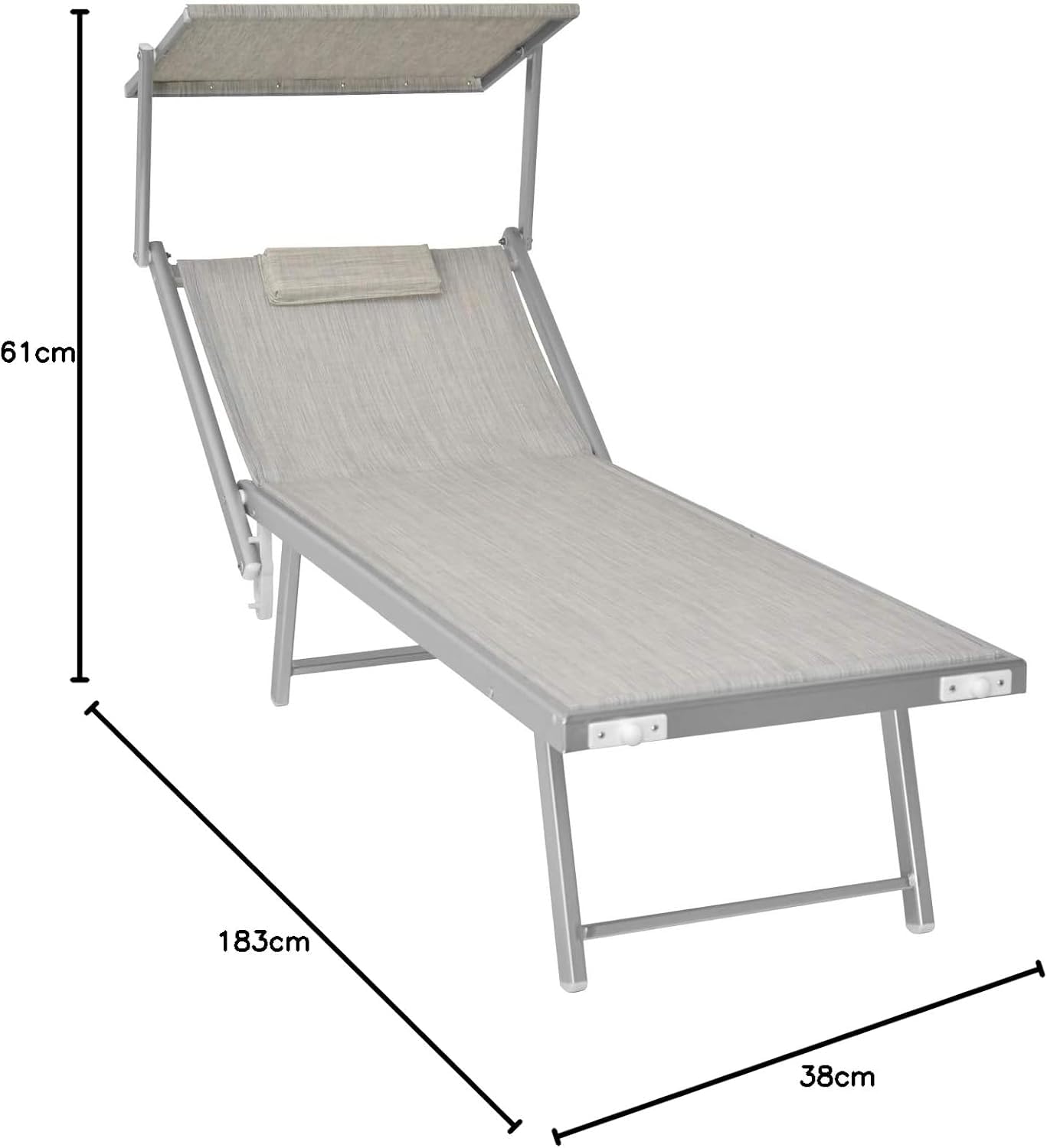 XONE Coppia Lettini Sdraio Spiaggia Pro 2 posizioni + prendisole regolabile per spiaggia, stabilimento balneare, giardino, terrazzo. Dimensioni 183/190x61x38cm (GRIGIO MELANGE)