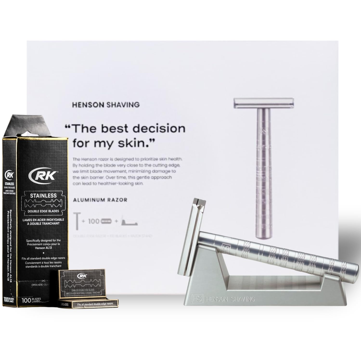 Henson Shaving - Cofanetto da barba di sicurezza AL13 + supporto in alluminio + 100 lame RK, regalo elegante e durevole, cofanetto per rasatura Henson Shaving, rasoio di sicurezza AL13 + supporto in