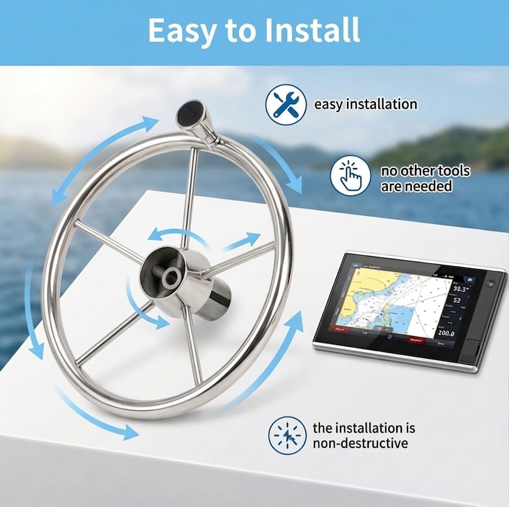Boat Steering Wheel, 5-Spoke 13-1/2 Inch Destroyer Style Stainless Marine Steering Wheel with M Size Knob