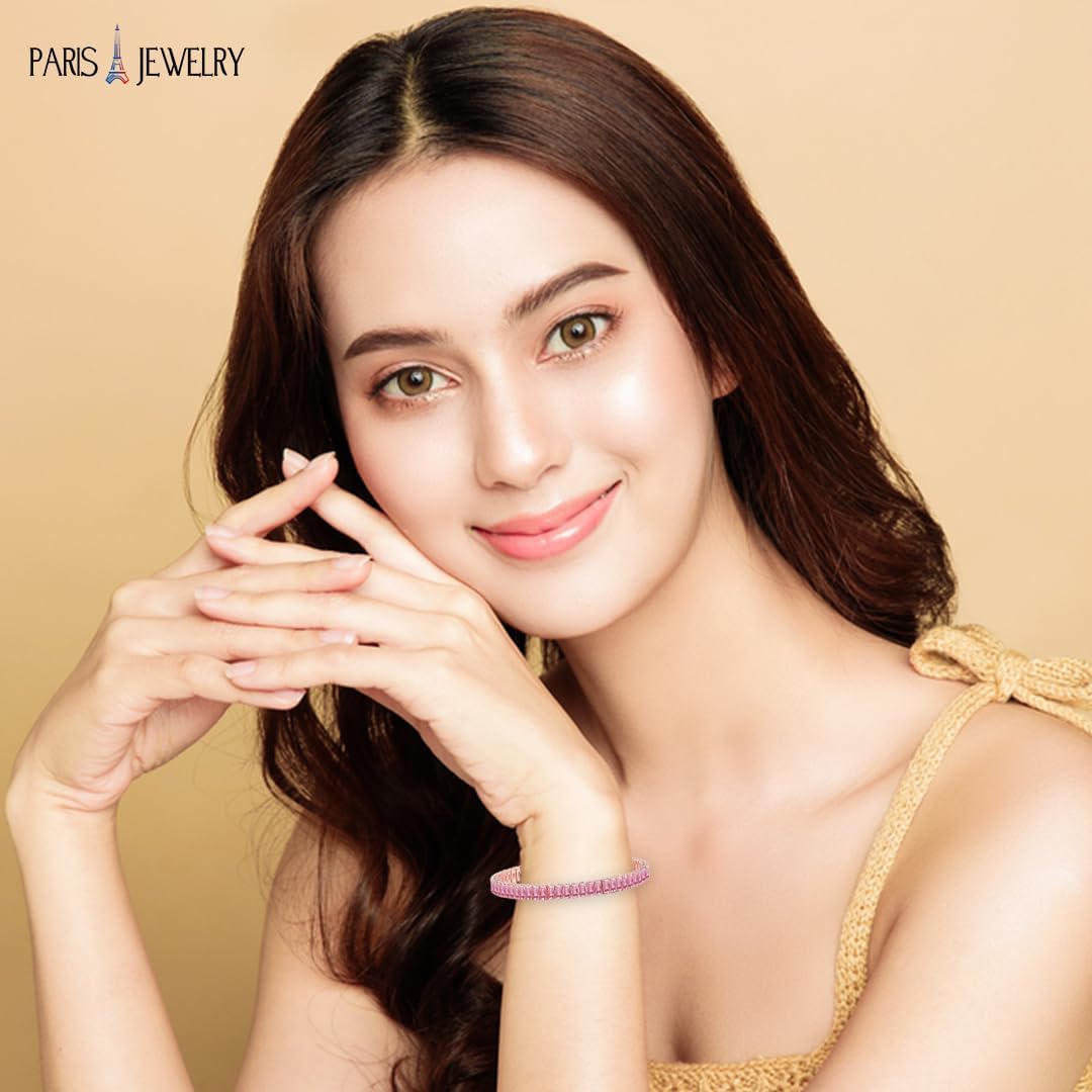 Paris Jewelry 18K Rose Gold Created Pink Sapphire Princess Halo Pendant Necklace, Earrings And Tennis Bracelet Jewelry Set Plated