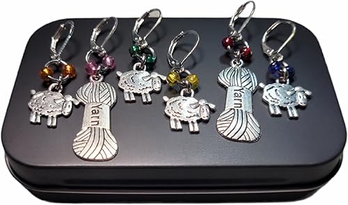 Morgan Curio - 6 marcadores de punto de bloqueo extraíbles para tejer y tejer a ganchillo, coloridos dijes de oveja e hilo, juego de 6 marcadores de