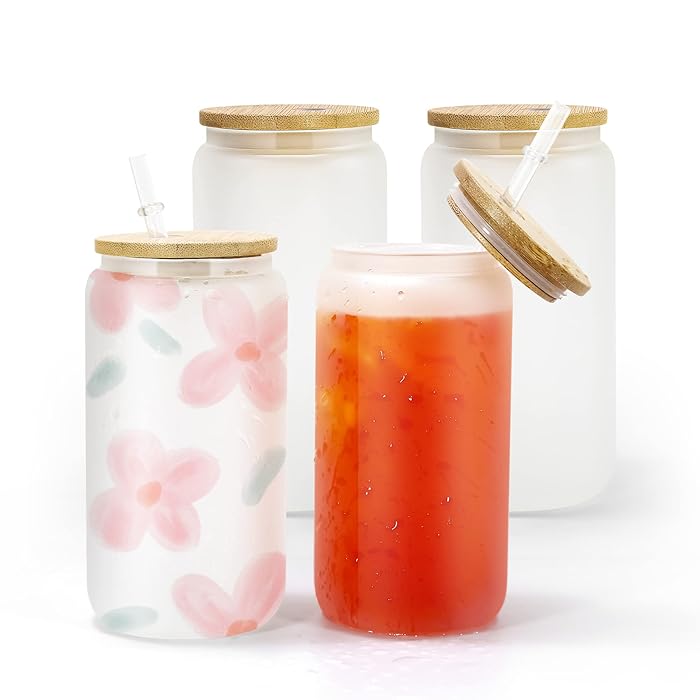 Buy AGH 4 Pack 16oz Frosted Sublimation Glass Cups with Bamboo Lid