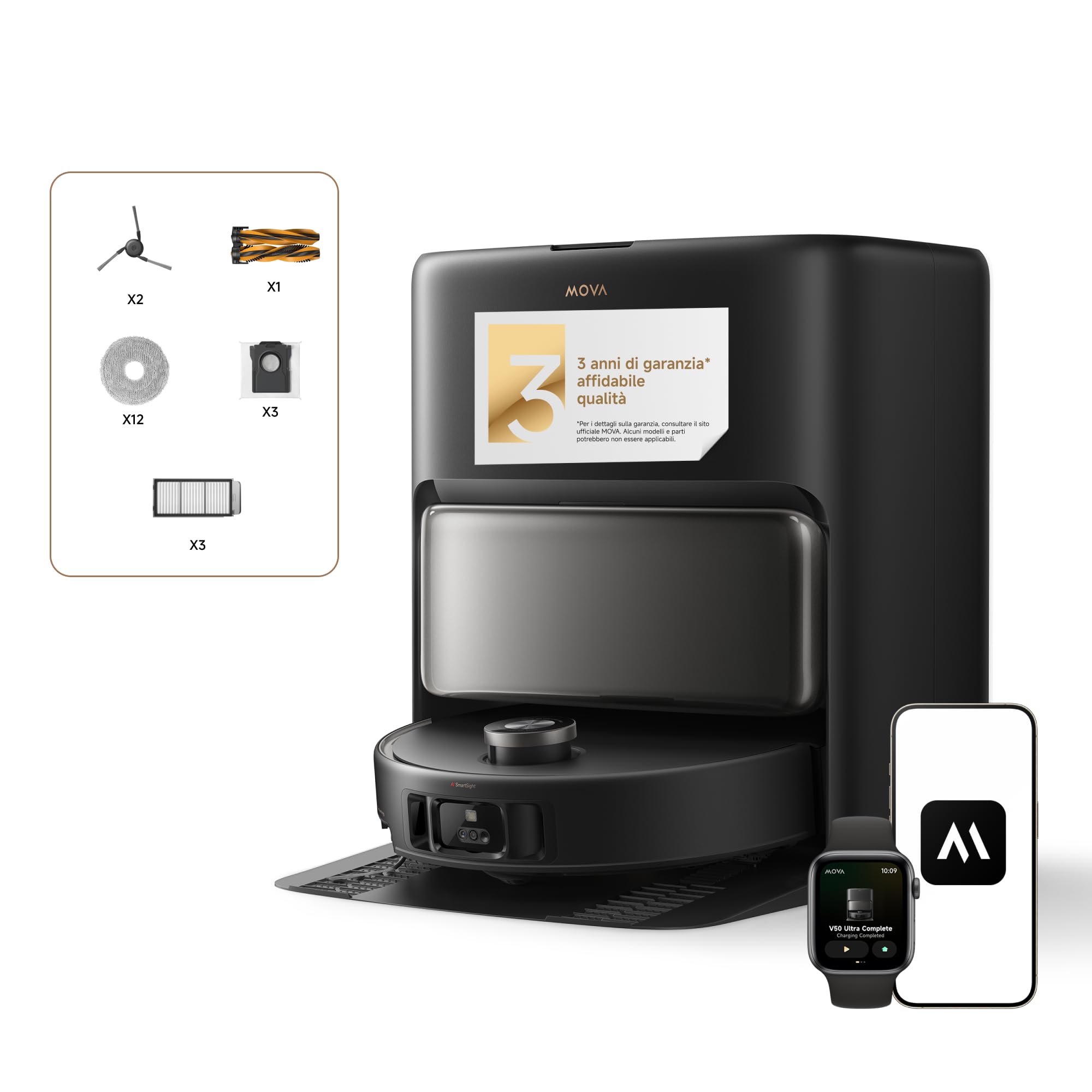 Mova V50 Ultra Complete Robot Aspirapolvere e Lavapavimenti, Potenza di Aspirazione da 24.000 Pa, con Svuotamento Automatico, Lavaggio Termico con Sistema Aoppia Soluzione, Sistema StepMaster, Nero