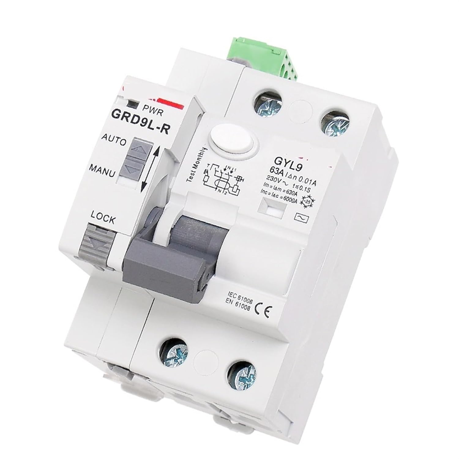 GRD9L-R 6KA ELCB RCCB Automatic Reclosing Device Circuit Breaker 2P 4P 40A 63A 30mA 100mA 300mA RCD AC Type 1Pcs(GRD9L-R-DC12V,2P 63A 30mA RCCB AC)