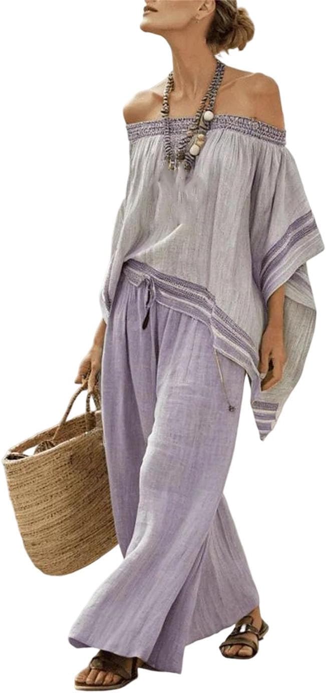 Women Summer Off Shoulder Striped Irregular Top Wide Leg Pants Two Piece Set Casual Streetwear