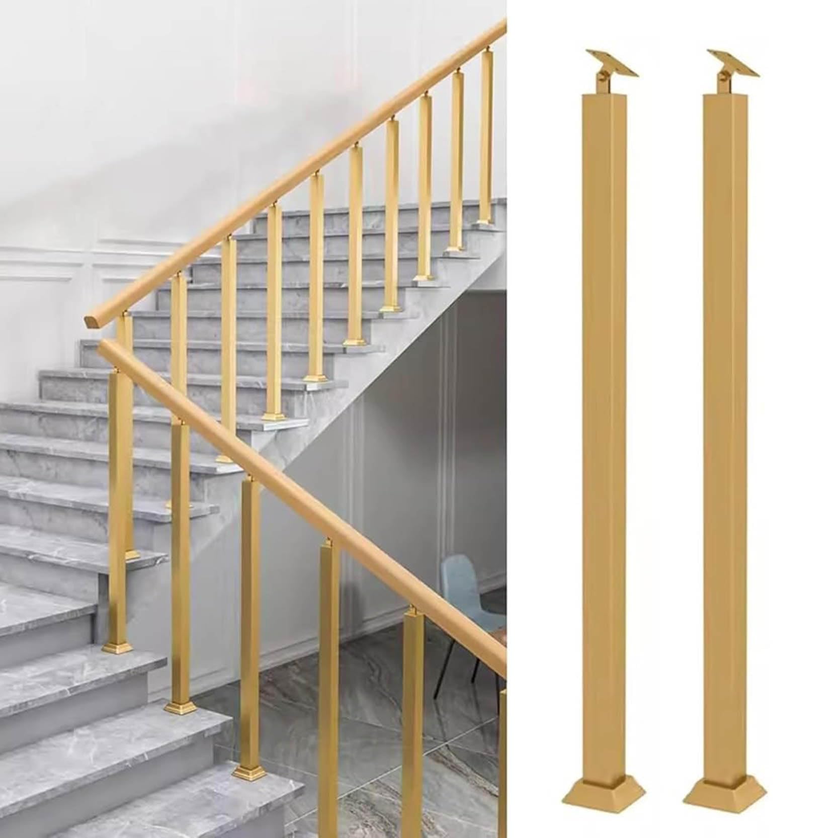 GOUZIBHD 270° Adjustable Square Baluster Posts,2 Pack Staircase Handrail Indoor Stair Railing Deck Balusters,Banister Column for Stairway Deck Yard Entryway(Size:90cm/35.4in,Color:Gold)