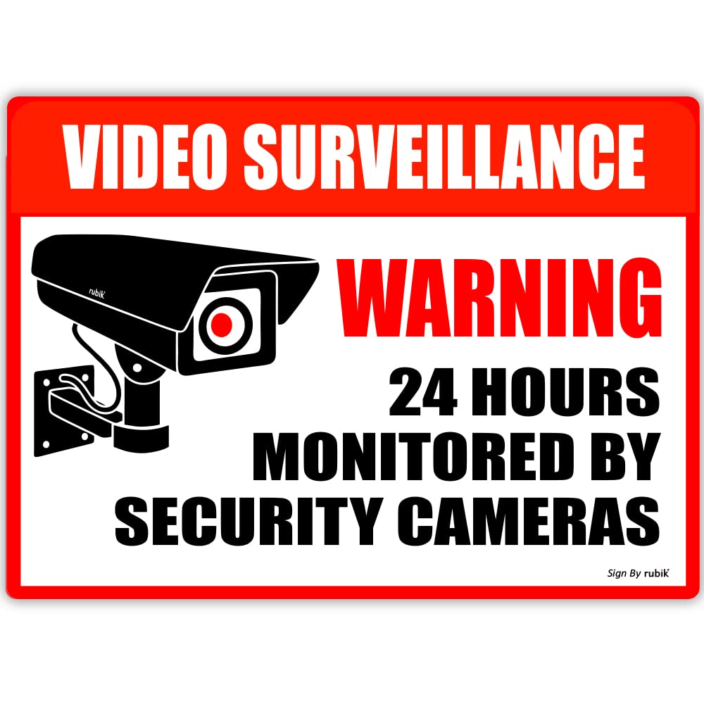 Rubik Video Surveillance Warning 24 Hours Monitored By Security Cameras Signs Sticker Self Adhesive 20x15cm, Weather Resistant UV Protected Vinyl Decal (1pc)
