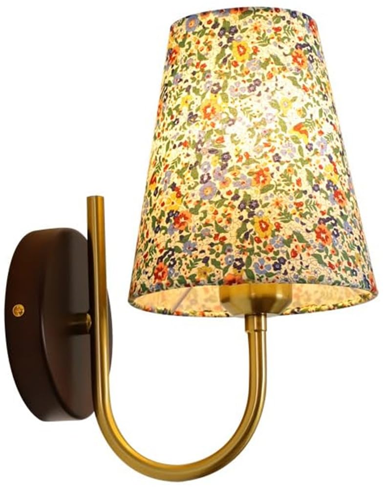 NHPJFDC Vintage Wall Sconce Flower Fabric Shade Wood Modern Wall Light Gold Hallway Wall Lighting Fixture Farmhouse Wall Mounted Lamp for Bedroom Bedside Living Room