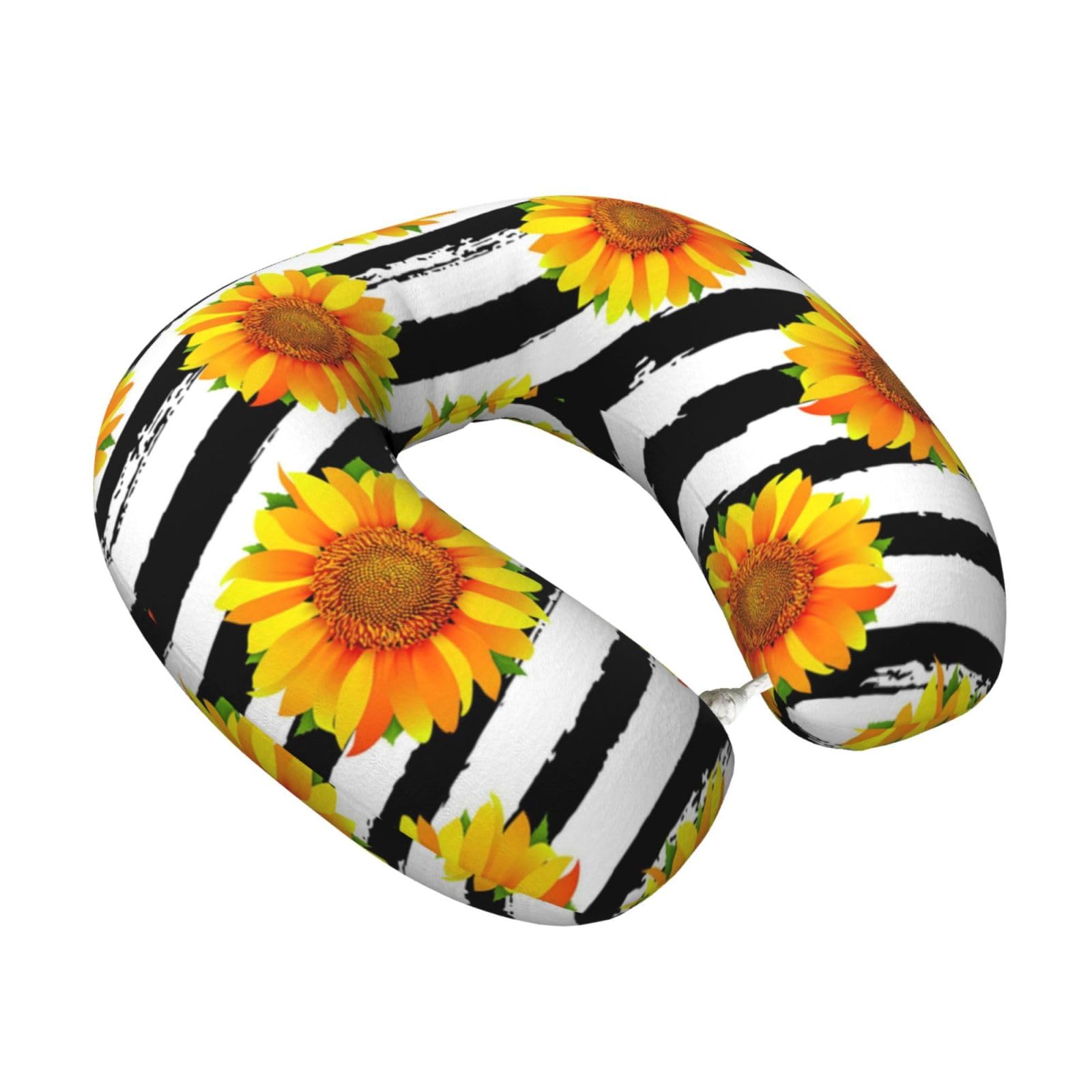 LKYMOH Sunflowers On Black And White Stripes Background, Travel Neck Pillow U-Shaped Memory Neck Support Soft Comfortable With Washable Cover For Airplane Car Traveling and Office