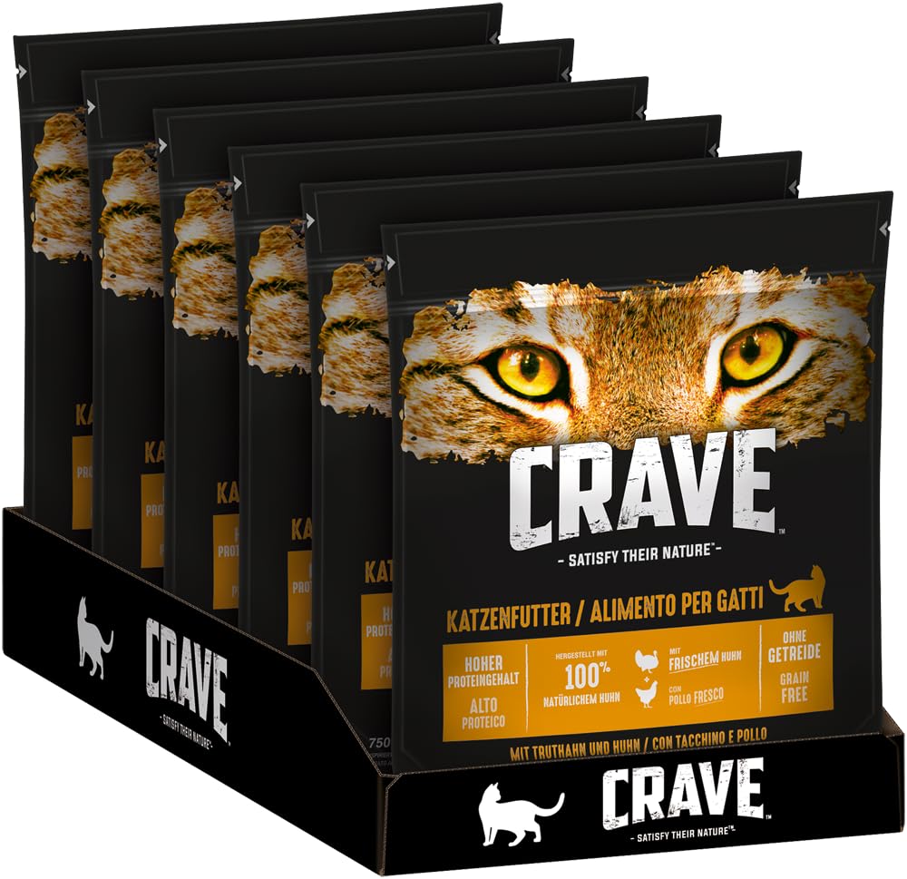 Crave Adult Trockenfutter mit Truthahn & Huhn, 6 Beutel, 6x750g – Premium Katzenfutter trocken mit hohem Proteingehalt und ohne Getreide – Hergestellt mit 100 Prozent natürlichem Huhn