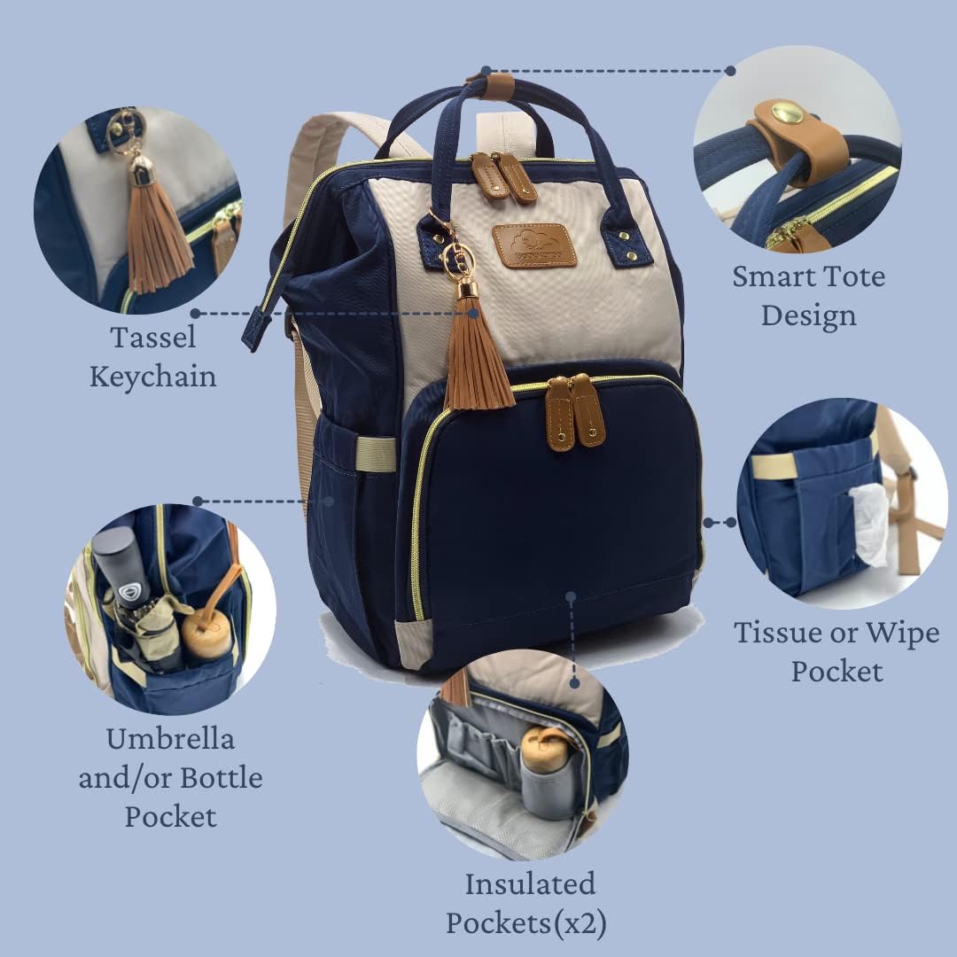 Diaper Bag Backpack, Large Capacity, Shower gift, Water Resistant, Tote, Travel Bag & FREE Accessories (Navy-Light Beige)