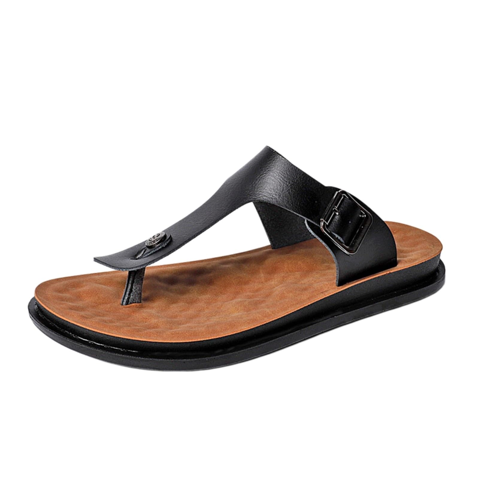 Zapatillas de casa Cuero Verano Los Hombres, Sandalias PU, Deslizamiento Casual En Zapatos Playa para Viajes Y Ocio Al Aire Libre-black-47