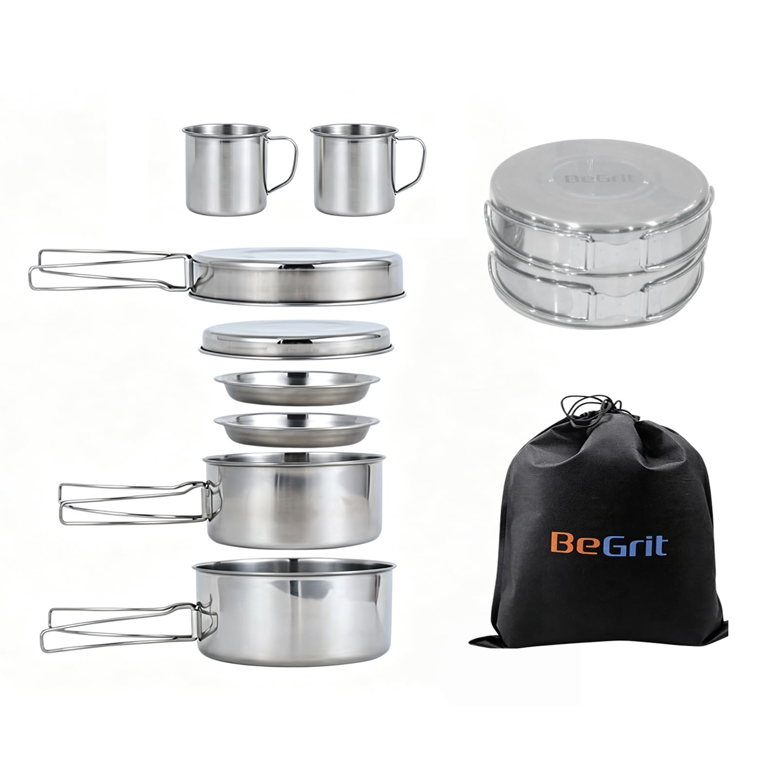 BeGrit Backpacking Camping Cookware Picnic Camp Cooking Cook Set for Hiking 8pcs set 410 Stainless Steel-picture-58