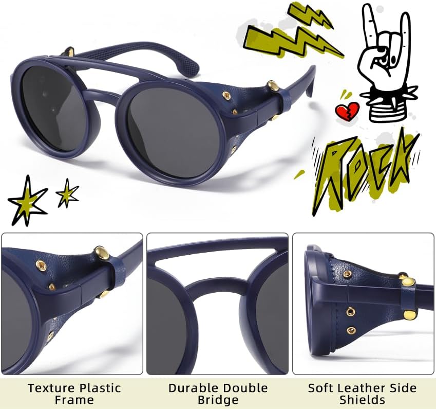 Polarized Round Steampunk Sunglasses with Leather Side Double Bridge Shield Retro Eyewear for Men Women - Image 6