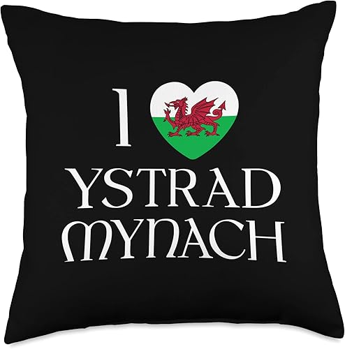 Welsh Towns Cities Counties Home Town Nostalgia I Love Ystrad Mynach Wales Flag Heart Dragon Welsh Throw Pillow 18x18 Multicolor