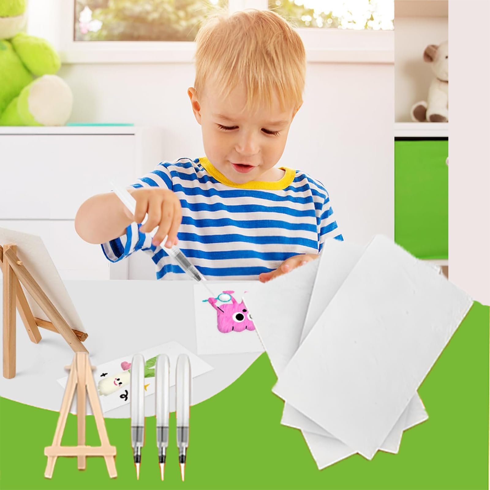 Kit de peinture à texture magique, éponge de dessin 3D avec 12 stylos de couleur, 3 pinceaux d'écriture (petit, moyen et grand), 10 chaînes de perles et mini tableau, papier de peinture