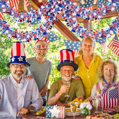 Image of 50 Feet Patriotic Tinsel Garland 4th of July Decorations, Red White and Blue Tinsel Garlands Metallic Glitter Garland for Fourth July Independence Day Memorial Day Outdoor Indoor Decor
