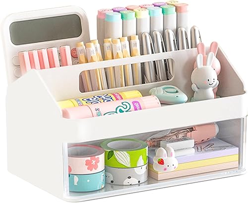 SAYEEC Organizador de escritorio y accesorios con 6 compartimentos y 1 cajón, soporte para lápices con asa, organizador de almacenamiento de