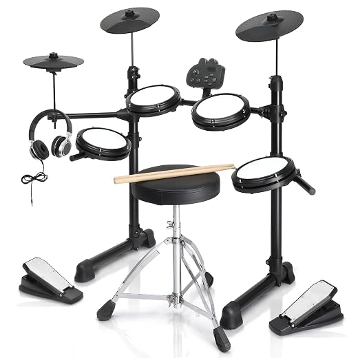 Ktaxon Electric Drum Set, Electronic Drum Set with Mesh Drum, Cymbals, Adjustable Throne, Headphones, Sticks, Pedals and Velcros, Electric Drums with 150 Sounds and 10 Demos for Beginner