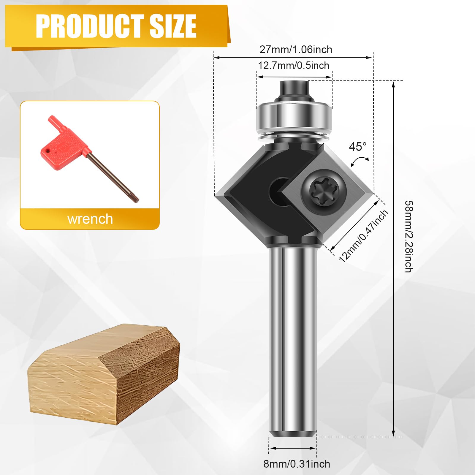 Reversible Plate Chamfer Cutter Reversible Plate Chamfer Milling Cutter with 4-Sided Interchangeable Carbide (HW), Shaft 8 mm, Diameter 27 mm, Usable Length 12 mm, Angle 45°