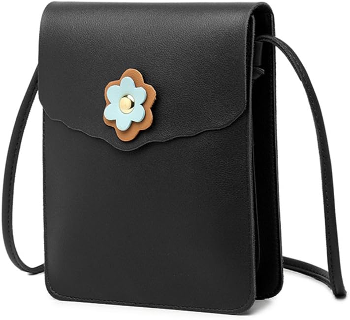 Mini PU Leather Crossbody Bag, Veriya Keys Phones Cash Coins Holder Shoulder Bag Cross Over Body Messenger Bags Pouches Handbag for Girls Kids Women Ladies Travelling Shopping Walking (Black-3 Layers)