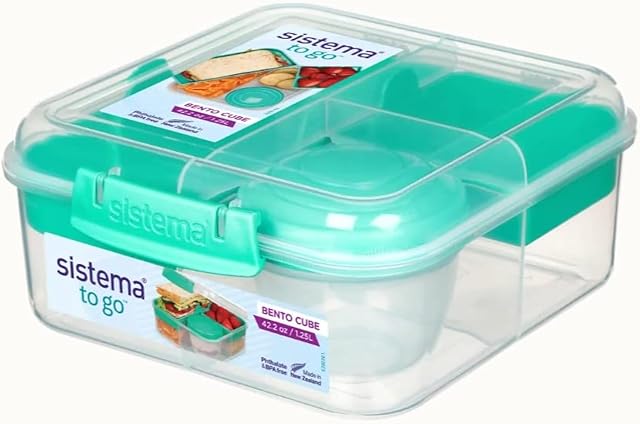 Bento Cube 5-komorowe pudełko śniadaniowe XL 1250 ml pudełko na naczynia zestaw zawiera szklankę ze śrubą, 17,5 x 17,5 x 8 cm (szer. x gł. x wys.) 21685 (zielone)