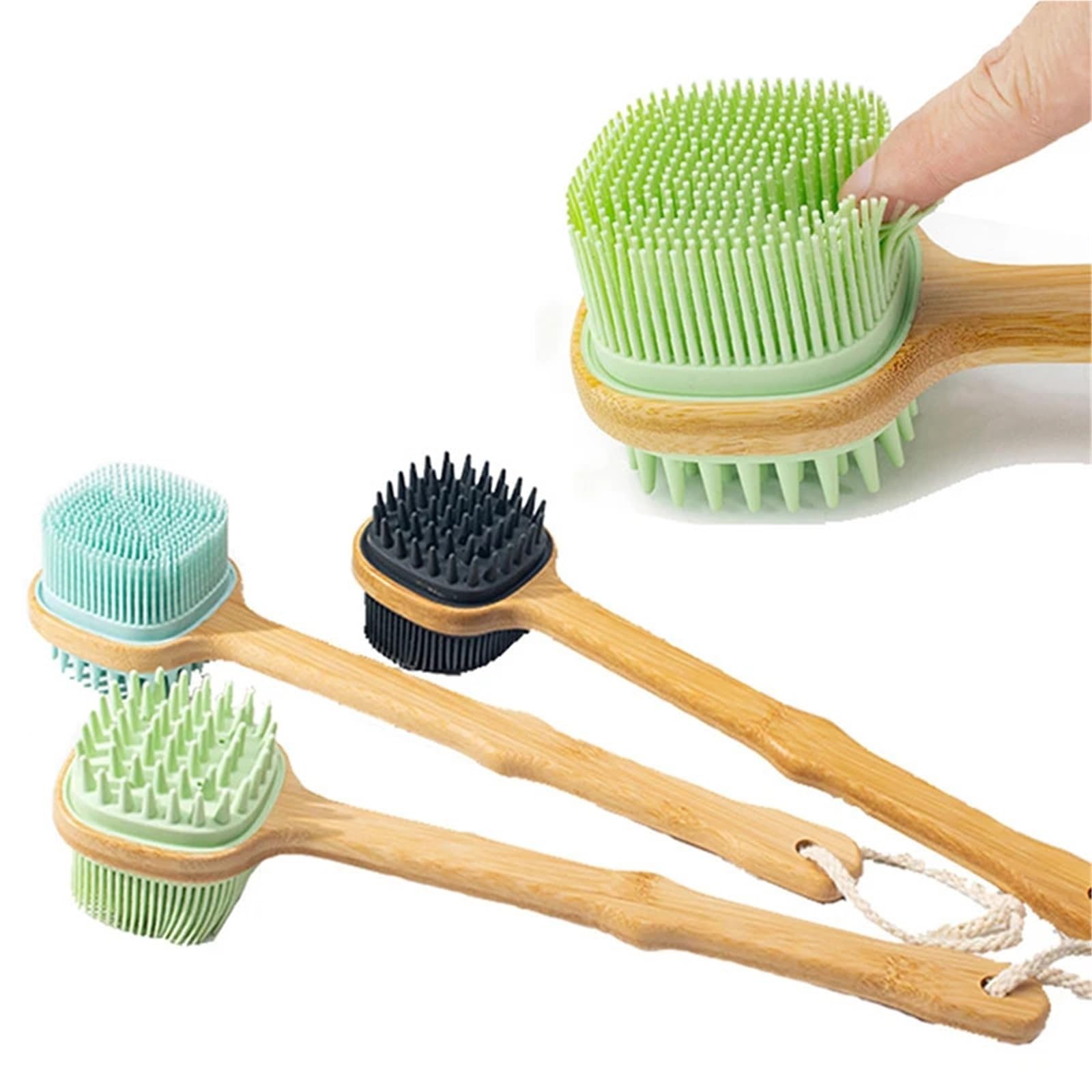 Cepillo Para La Espalda 2 uds cepillo de silicona frotador de espalda cepillo de ducha con mango largo de madera herramienta de limpieza de masaje corporal exfoliante de piel seca Per Il Bagno(Black)
