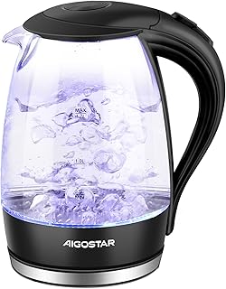 Aigostar Adam 30KHH - Glass Water Kettle with LED Lighting, 2200 Watts, 1.7 Liter, Boil-dry Protection, BPA Free, Black