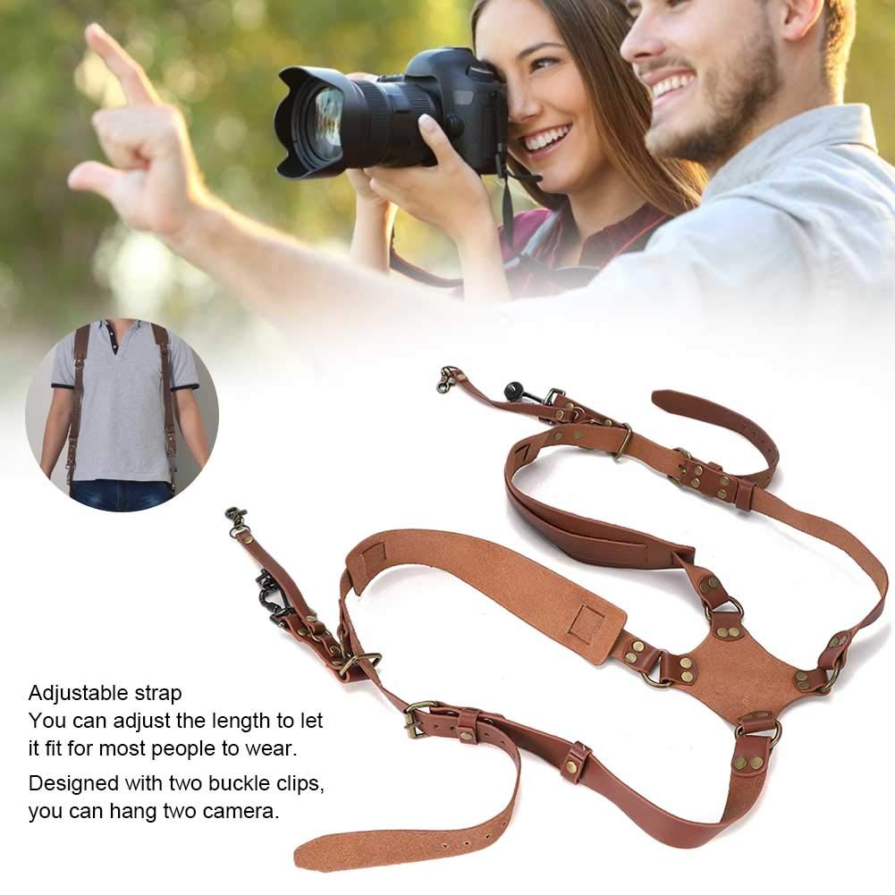 Cinghie per Fotocamera in Pelle, Tracolla Doppia, Imbracatura per Fotocamera Doppia Regolabile in Lunghezza per Fotografi, Accessori per Fotocamera con Tracolla per Fotocamere DSLR(Marrone)