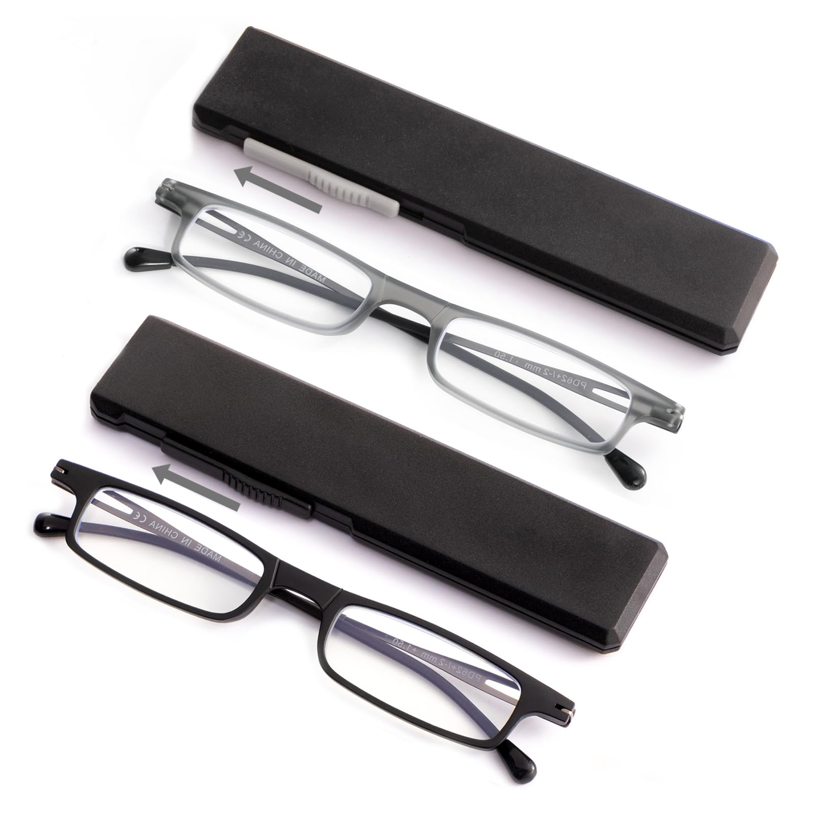 OuShiun 2 Pack Folding Reading Glasses Ultra-thin Travel Readers Flat Computer Eyewear with Compact Case for Women Men,Black/Grey,2.0