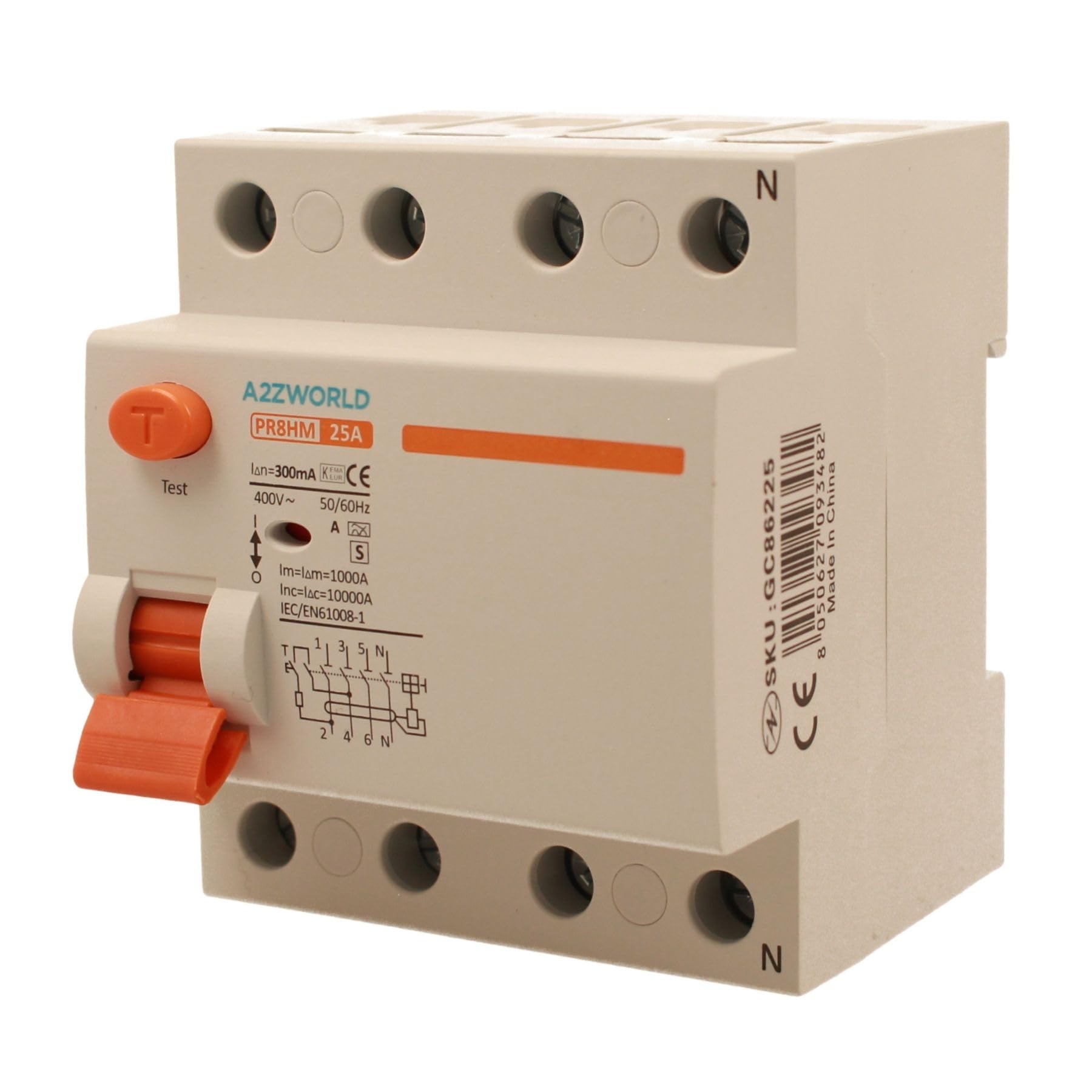 Interruptor diferencial selectivo trifásico 25A, RCCB Tipo S Clase A, 3P+N 10kA 300mA, retraso 500ms, 4 módulos DIN 380V AC, Certificado IEC61008-1, Serie PR8HM electromagnético