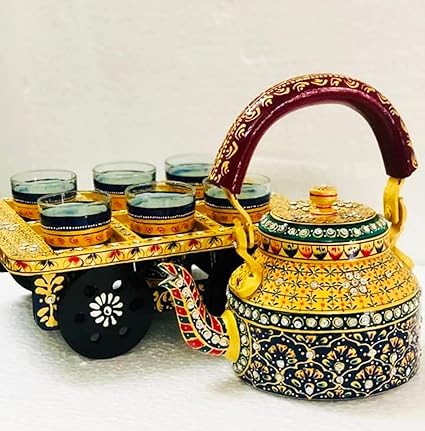 PLRK Hand Painted Tea Kettles with 6 Glass Sets and Wooden Cart Nevy Blue