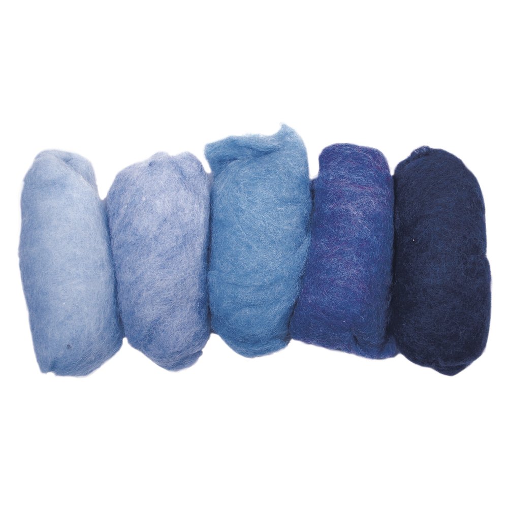 Rayher Shades Of Blue Carded Wool For Felting, Set Of 5 Carded Felting Wool Batts In Different Blue Shades, Wool Tops For Wool Art And Jewellery Making, 100% Wool, 5X20g, 5363400