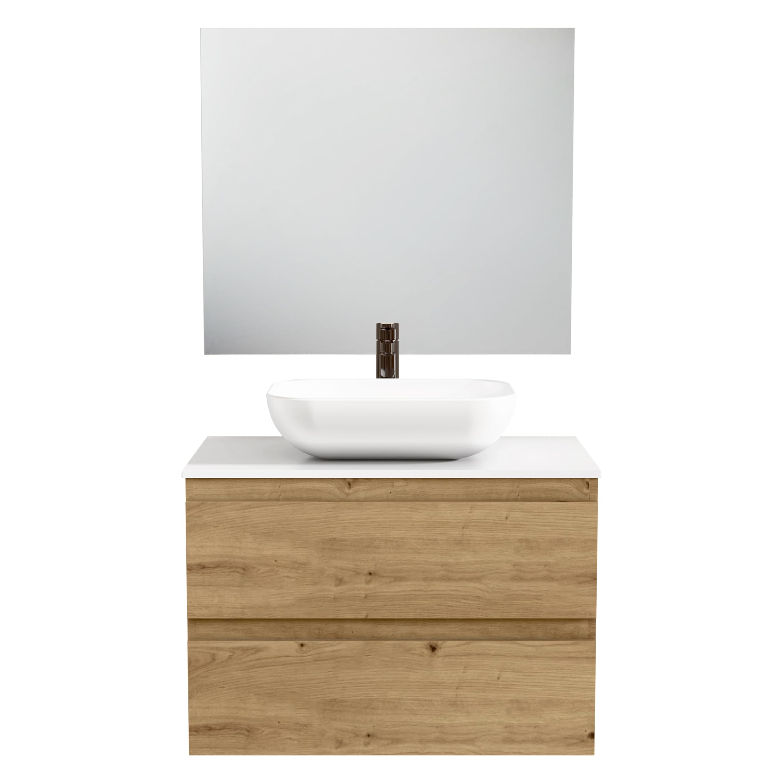BELLOBATH - Meuble Salle de Bain avec Lavabo en Céramique et Miroir, Meuble de Rangement Salle de Bain, 2 Tiroirs 80 x 55 x 46 cm, Meuble Chêne/Blanc