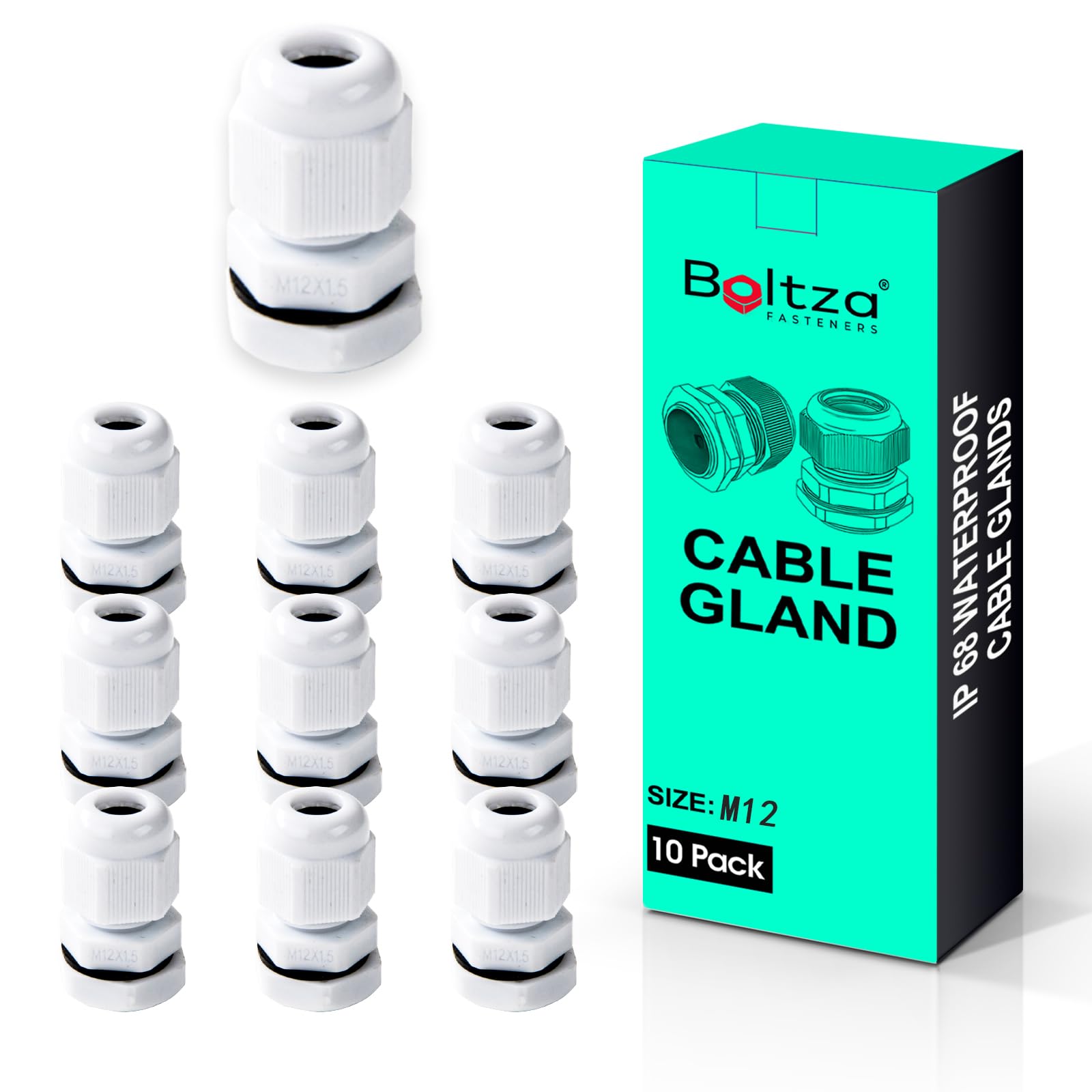 Boltza® White Nylon Cable Gland – IP68 Waterproof Cable Connector for Electrical Enclosures, Junction Boxes, Outdoor Use – Conduit Gland – 10 Pack (M12)