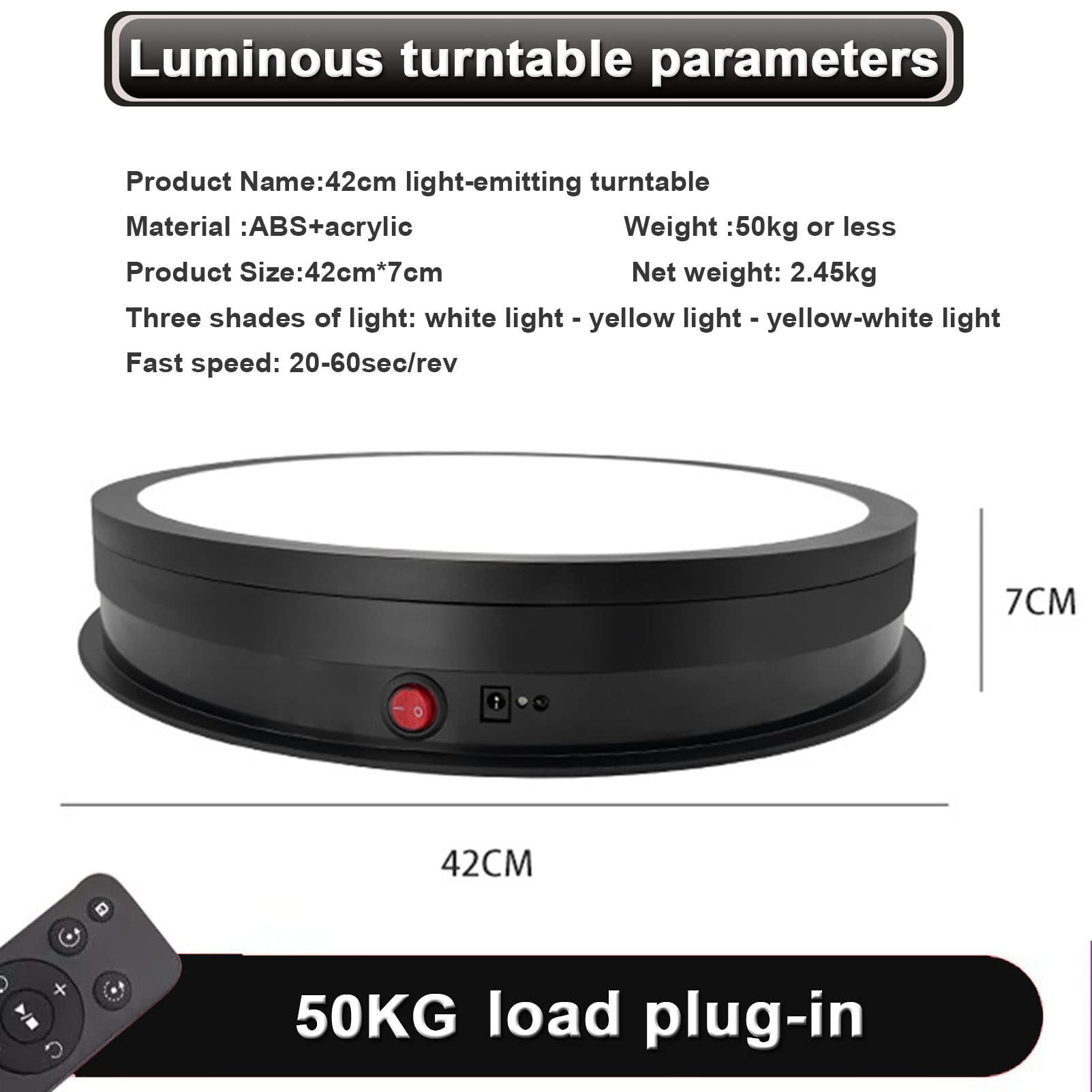 Plateau Tournant Électrique 42 Cm – Tourne-Disque 360° LED Télécommande 50 Kg – Affichage Produits Photo Vidéo