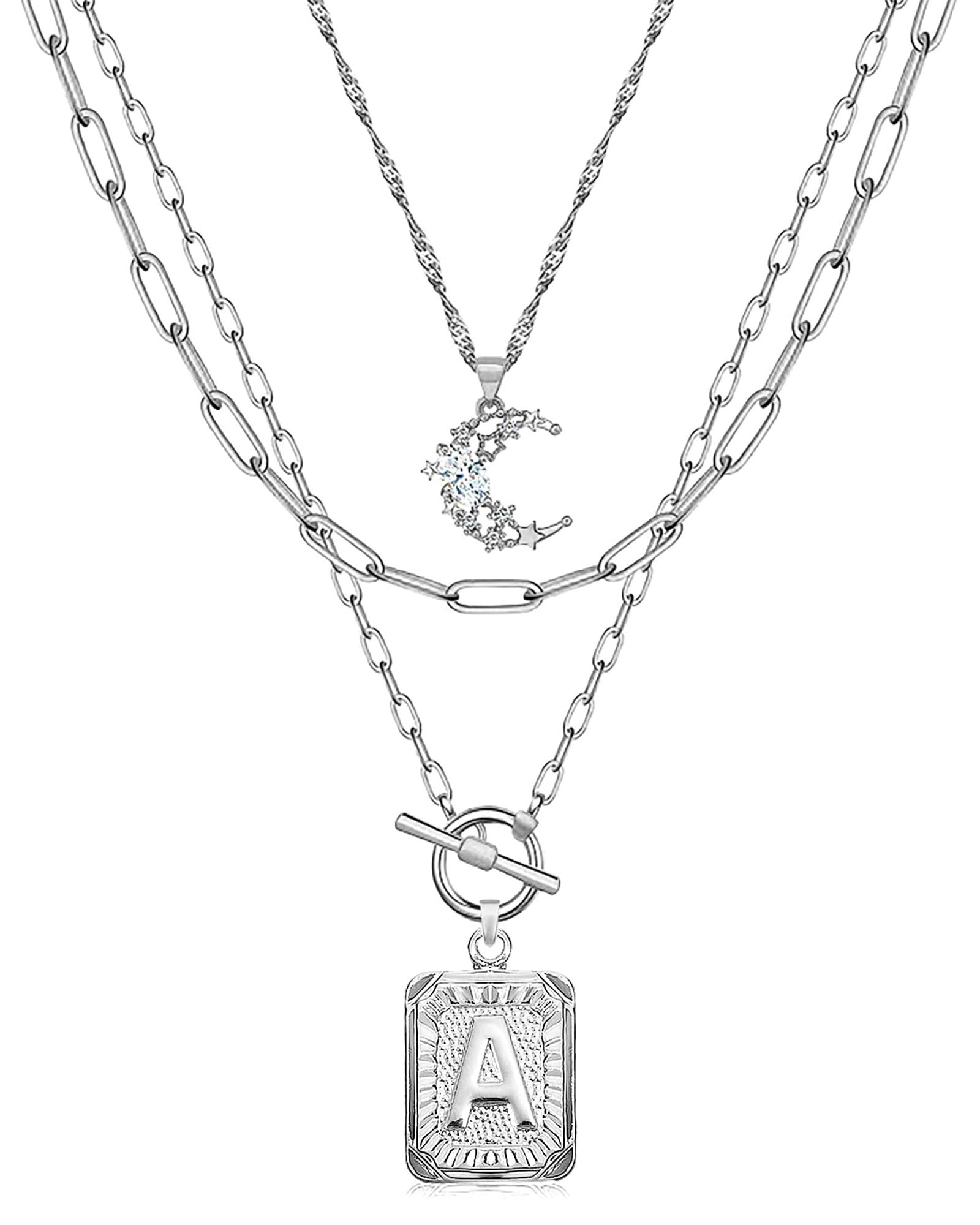 MJartoria Layered Initial Necklaces for Women Trendy, 14K Gold Plated Brass Simple Moon Choker Square Letter Pendant Necklace, Paperclip Chain Necklaces Jewelry Gifts