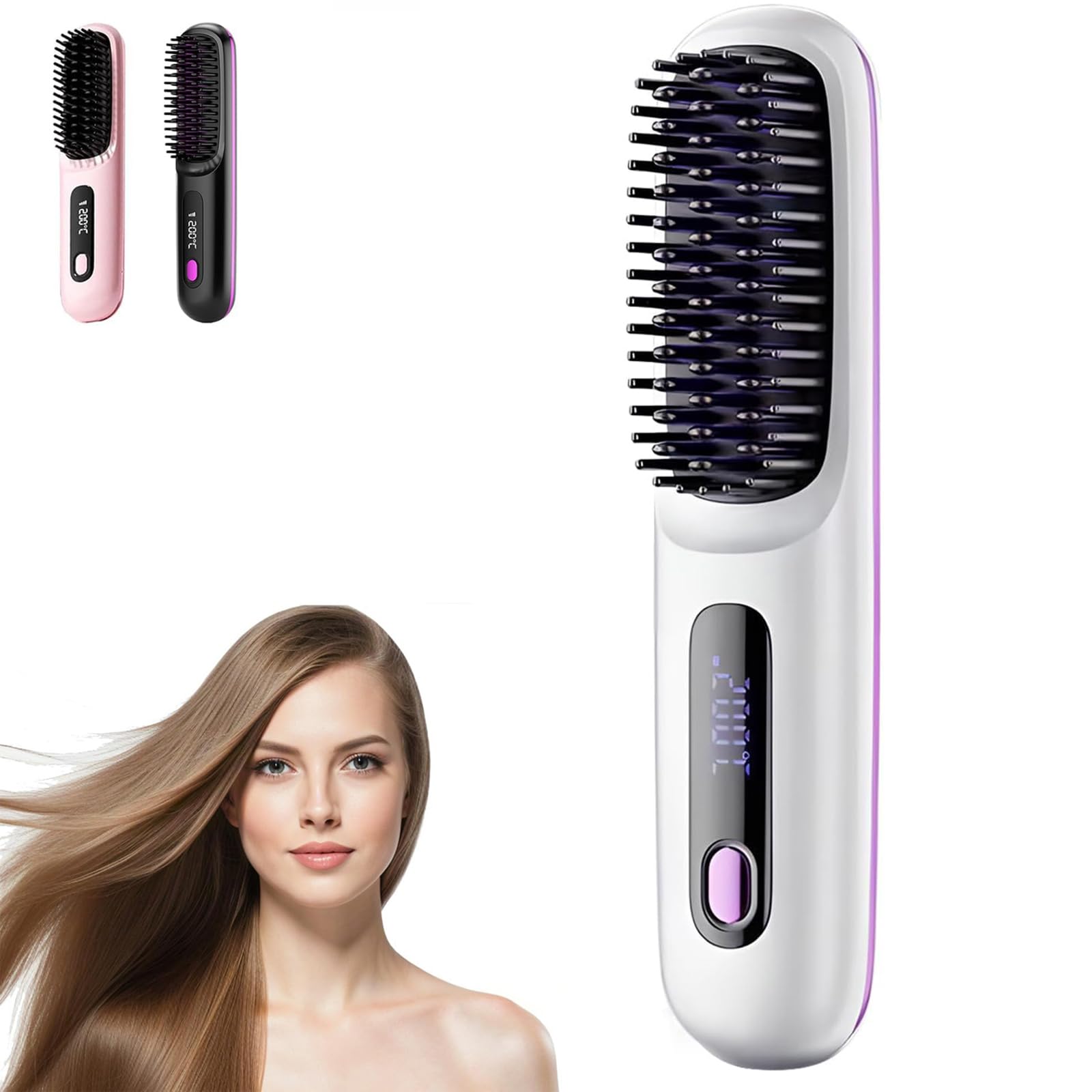 Go Brush Pro,Cordless Hair Straightener Brush,Portable Straightener Brushs for Hairs Styling,Rechargeable Heated Styling Brushes for Travel and Everyday Use,Hair-Friendly & Long-Lasting Design(White)