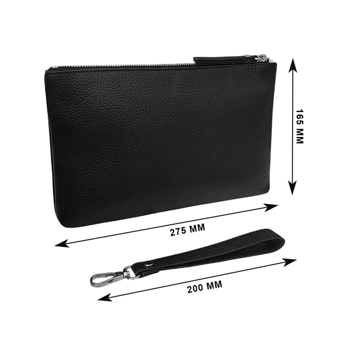 FAST WORLD SHOPPING Pochette Uomo in Vera Pelle Nera 27,5 x 17,5 x 4 cm con Manico da Polso Removibile, Marsupio Elegante da Sotto Braccio e a Mano, Chiusura Lampo in Metallo, Made in Italy