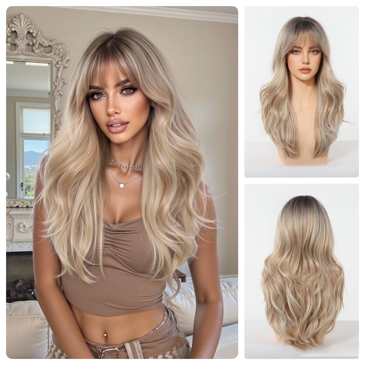 Photo 1 of Novastel Long Wavy Platinum Blonde Wigs Human Hair with Bangs Dark Roots for Women Ombre Highlight Curly Lightweight Breathable for Daily Party Cosplay