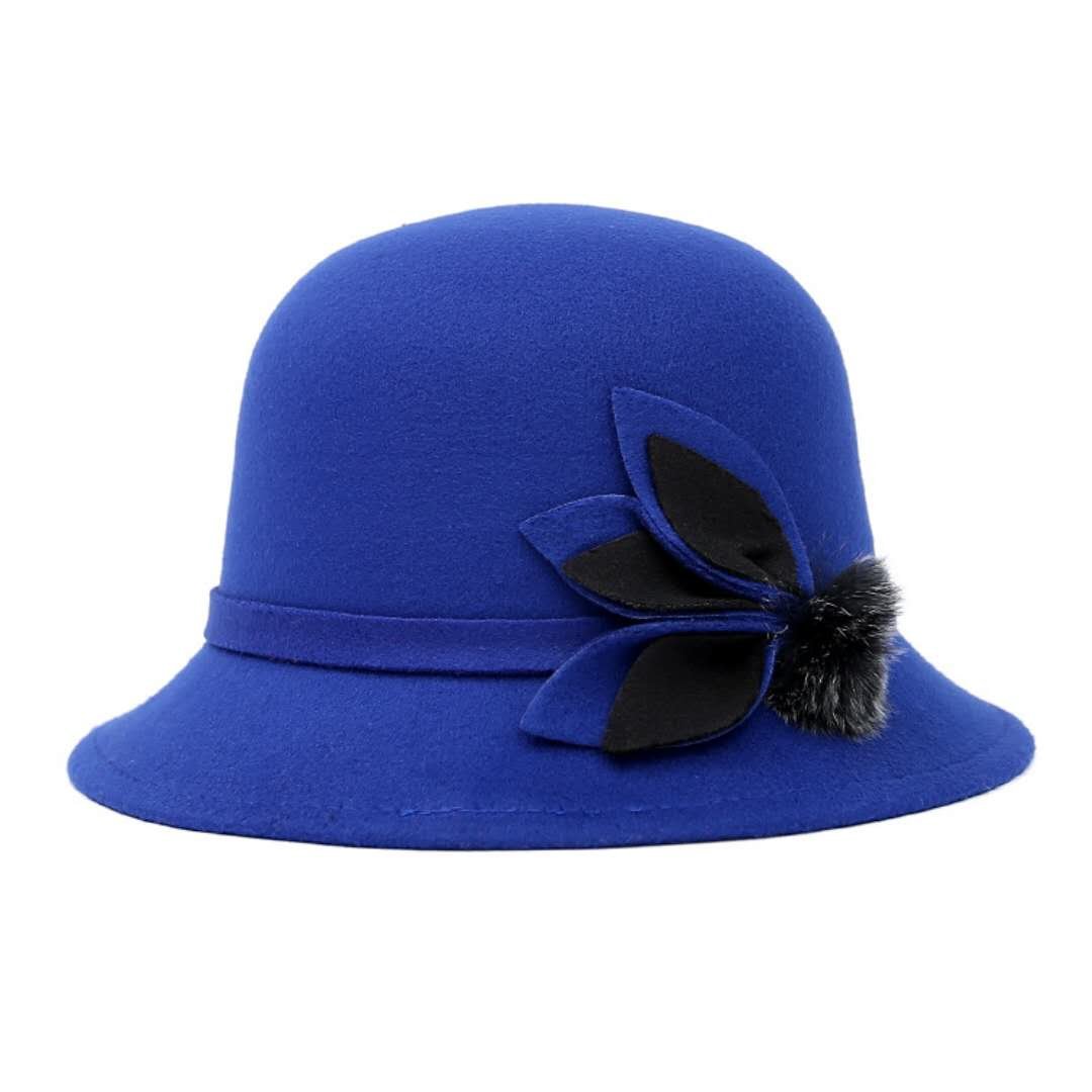 Ulalaza Women's 160-Sapphire Bowler Hats Cloche Hat Bucket Hats Pearl Bow Decoration Felt Hat