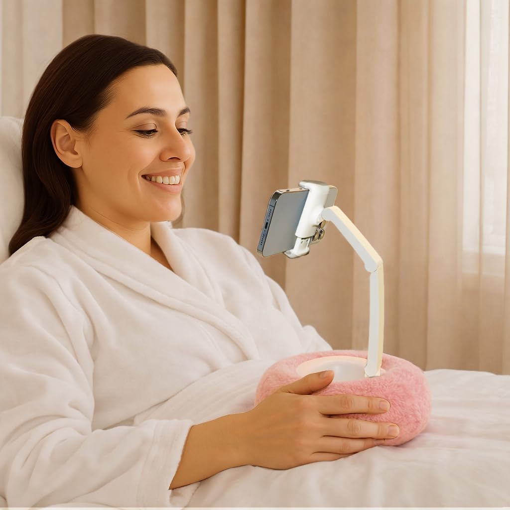 Upgraded Phone Holder for Bed,Dual Axis Arm 360°Adjustable Angle Height,30% Wider Clamp,Bed Phone Holder Laying Downd with Bowl and Suction Cup Bottom,Phone Pillow Stand for 4-7” Phones,Pink