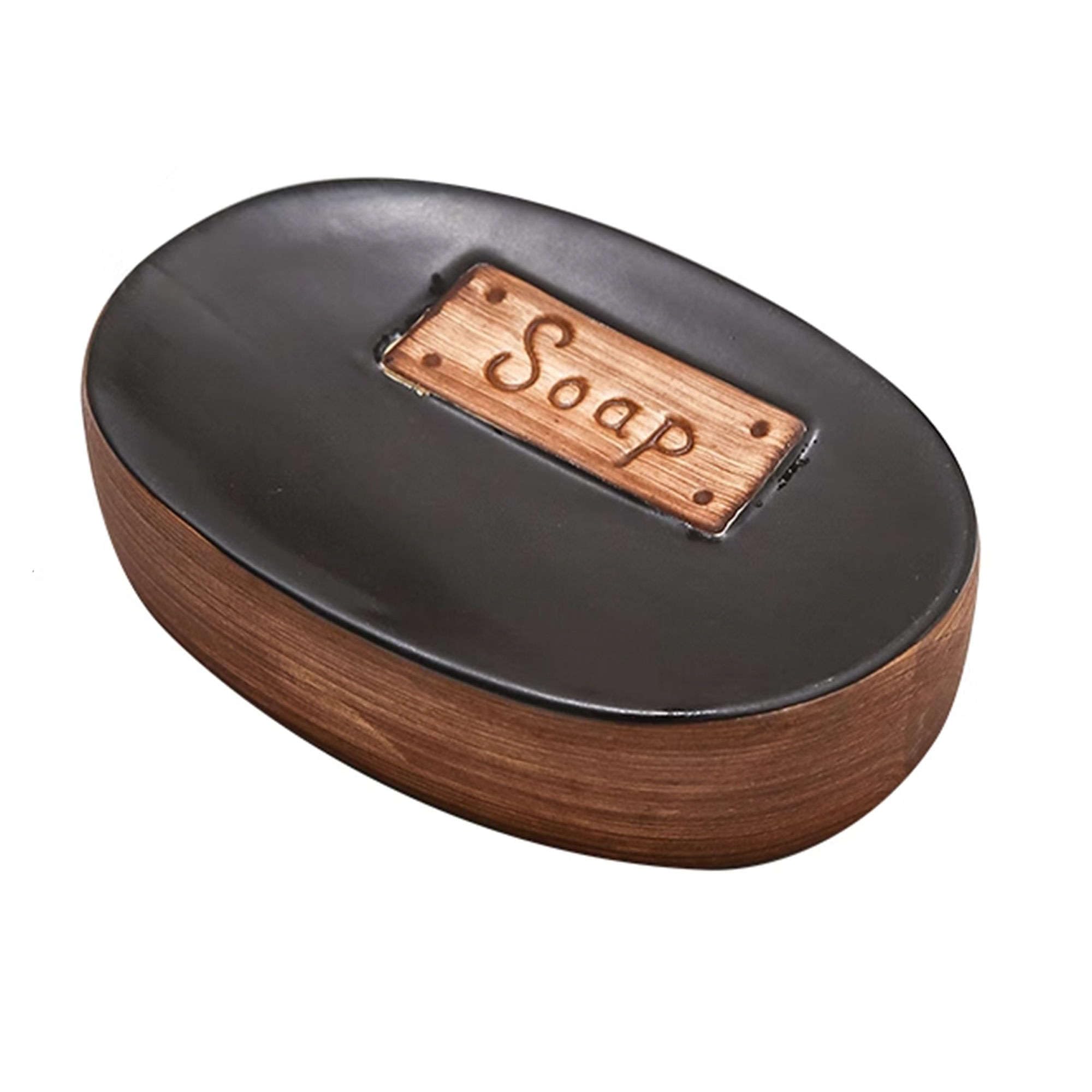Jabonera * Jabonera de estilo europeo, jabonera de cerámica con diseño retro for jabón en barra, jabonera de porcelana, bandeja ovalada for decoración de baño, gris, 12,5 x 8,5 x 2,5 cm(Black)