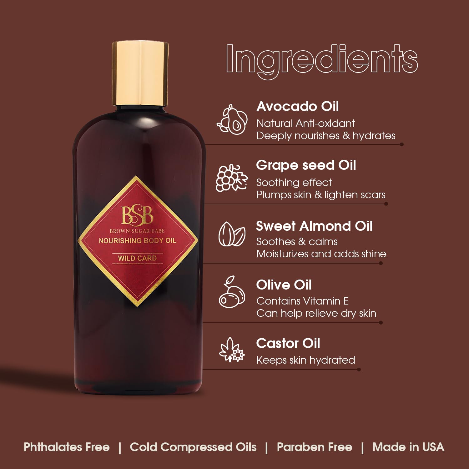 Brown Sugar Babe Wild Card Body Oil, Nourishing Oil for Women with Jasmine Perfume Oil and Cedar, Scented Skin Care, Paraben Free, Body-Oil Perfume, Phthalates Free, Made in USA