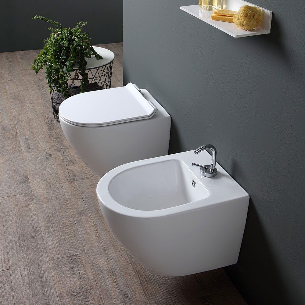 Kiamami Valentina - Sanitaires Suspendus WC + Bidet en Céramique Design Moderne et Arrondi | Folk