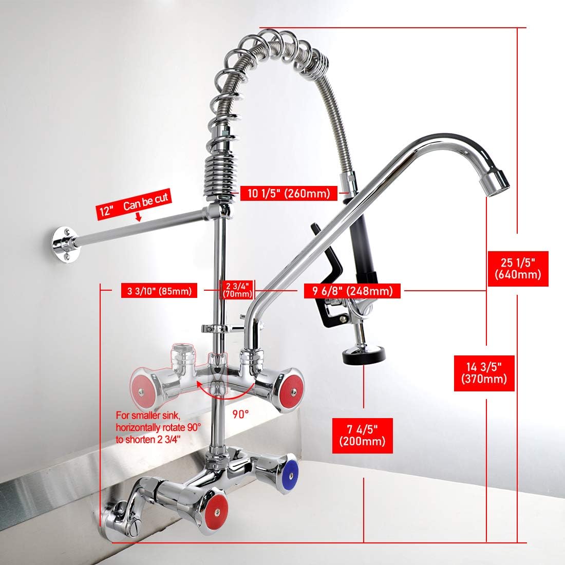 🔥 Flash Sale MaxSen Wall Mount Commercial Kitchen Sink Faucet 4-8 Inch Adjustable Center Kitchen Brass Mini Pre Rinse Unit,25'' Height With High Pressure Pull Down Spray And Add on Spout (6813L)